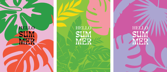 Naklejka premium Vivid Hello Summer design featuring large graphic green and orange monstera leaves on a cheerful bright pink background