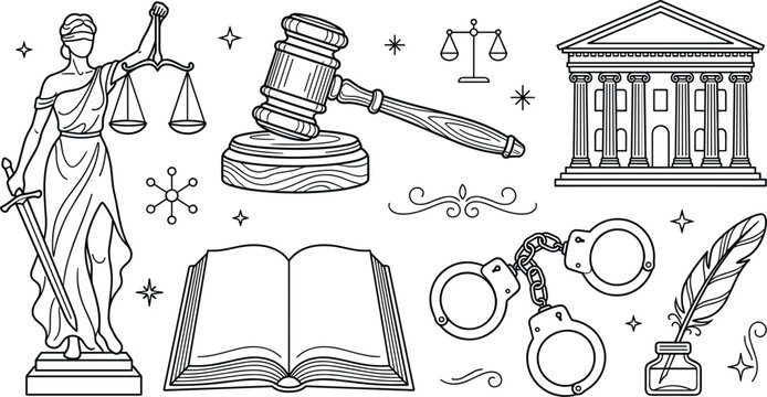 Law and justice line icon set featuring lady justice statue judge gavel courthouse scales book handcuffs and quill symbols