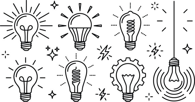 Light bulb line icon set featuring glowing led spiral incandescent halogen gear hanging and creative innovation energy symbols.