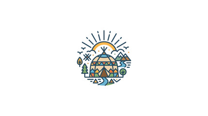Native American Teepee Village Scene with Sun, Mountains, and River © Wahyu Hidayat