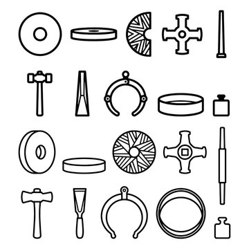 Traditional millstones and stonemasonry craft tool grid. Flat black outlines of professional historical food processing milling equipment isolated on white background.