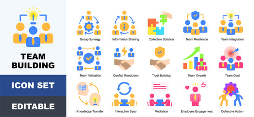 Fototapeta premium Team Building Icon Pack Featuring Alliance, Collaboration, Communication, Cooperation, Engagement, Management, Partnership and Teamwork