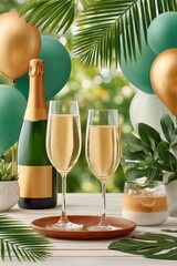 Obraz premium Green and gold celebration with champagne glasses, balloons and tropical leaves for party