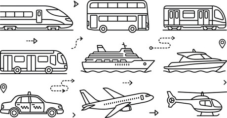 Public transit and travel transportation line icon set featuring train airplane bus ship taxi helicopter and journey elements © vector design 