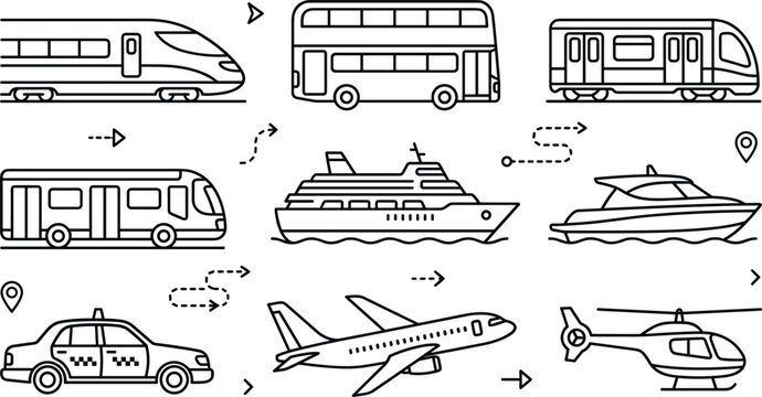 Public transit and travel transportation line icon set featuring train airplane bus ship taxi helicopter and journey elements