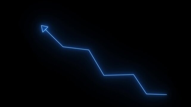 Glowing blue neon downward graph with arrow indicating decline, negative trends on a dark, black background, perfect for conveying risk, crisis animation. up-directional arrow loop.