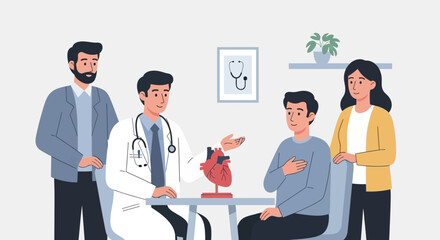 Fototapeta premium Doctor shows heart model to patient and family, discussing health