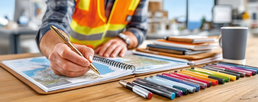 Worker in high-visibility vest marking a map with a pen at a desk with colored markers