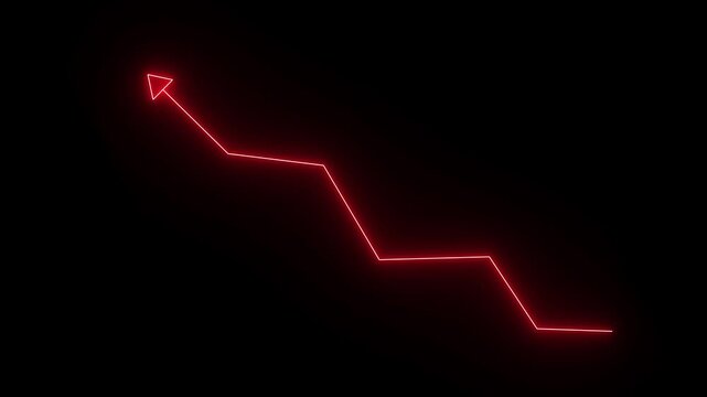 Glowing red neon downward graph with arrow indicating decline, negative trends on a dark, black background, perfect for conveying risk, crisis animation. up-directional arrow loop.