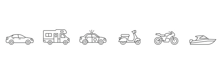 Transportation vector line icon set featuring sedan camper police car scooter motorcycle and speed boat. © Piyali