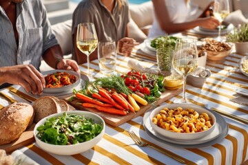 Obraz premium Friends enjoying a fresh outdoor summer dinner with wine, salad and colorful vegetables
