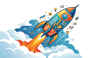 Colorful cartoon rocket ship blasting off. © Ariya