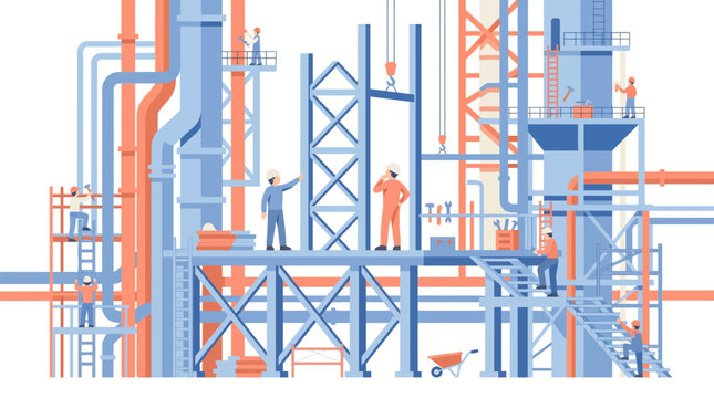 Construction site with workers on scaffolding among interconnected piping and metal framework at a busy industrial facility.
