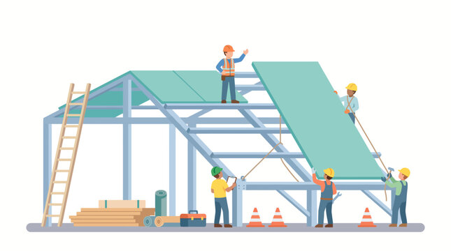 Construction workers assemble steel framework for a building under development.