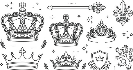 Royal crown heraldry line icon set with king queen tiara scepter fleur de lis shield heraldic lion emblem © vector design 