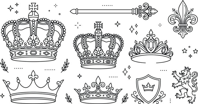 Royal crown heraldry line icon set with king queen tiara scepter fleur de lis shield heraldic lion emblem