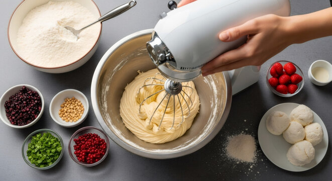 Baking Preparation with Hand Mixer Preparing Cake Batter with Fresh Ingredients Including Flour Berries and Strawberries