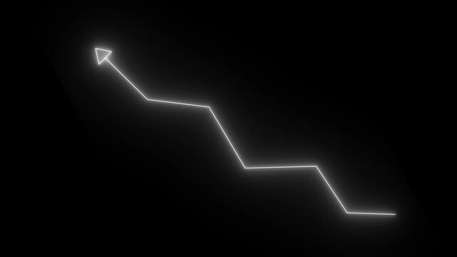 Glowing white neon downward graph with arrow indicating decline, negative trends on a dark, black background, perfect for conveying risk, crisis animation. up-directional arrow loop.