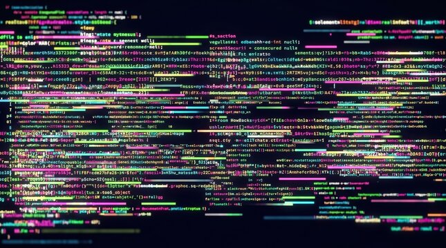 Digital data stream displaying programming code on a screen with glitch effect