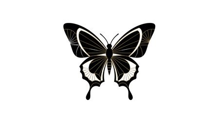Black butterfly silhouette with gold details on transparent background © Mehrun