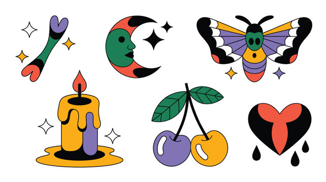 Collection of vibrant psychedelic icons featuring crescent moon, moth, burning candle, and fruit