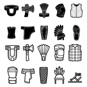 Ancient combat armor and gladiator infantry attire grid. Flat black outlines of professional historical warrior defensive equipment isolated on white background.