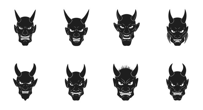 Eight black demon masks displayed in two rows on a white background