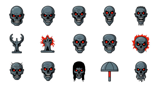 Illustration of various demonic skulls and evil symbols on a white background