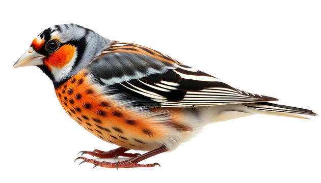 A full-body profile shot of a colorful brambling finch perched, showcasing its mottled orange, black, and white camouflage wing patterns, isolated on a white background.