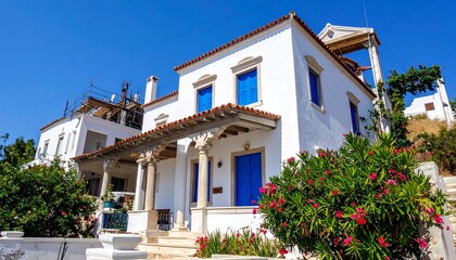 Fototapeta premium Traditional greek whitewashed house with blue shutters