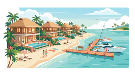 Fototapeta premium Luxury tropical beach resort with thatched villas, private pools, palm trees, and a wooden pier with yachts under a clear blue sky for a perfect summer holiday