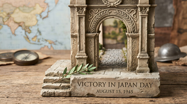 Miniature Monument Commemorating Victory in Japan Day August 15, 1945 with Olive Branch and World Map