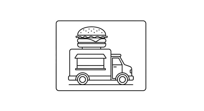 Food Truck Icon with Burger, Street Food Service, Mobile Kitchen, Fast Food Delivery