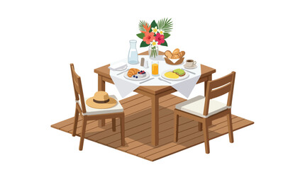 Obraz premium Isometric vector illustration of a tropical breakfast for two on a wooden deck at a luxury resort featuring croissants coffee and fresh flowers on a white background