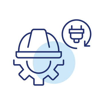 Settings, hard hat and electric plug in renew arrow. Fast maintenance cycle, quick config reset, rapid settings sync. Pixel perfect, editable stroke vector icon