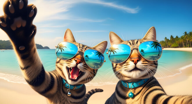 Two tabby cats wearing sunglasses take a beach selfie on a tropical vacation