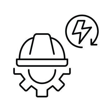 Settings, hard hat and lightning bolt in renew arrow. Fast maintenance cycle, quick config reset, rapid settings sync. Pixel perfect, editable stroke vector icon