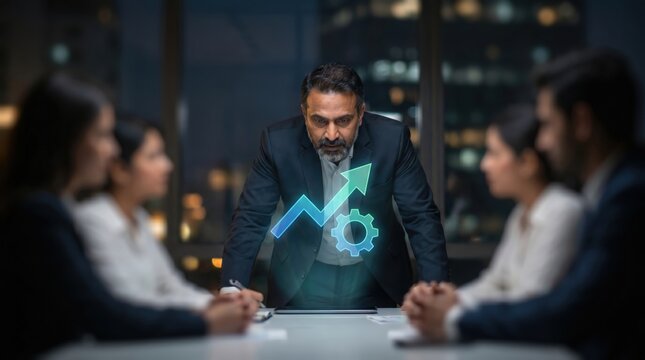 Corporate Leadership Concept: Professional Indian Director Analyzing Holographic Growth Graph and Gear in Moody Boardroom