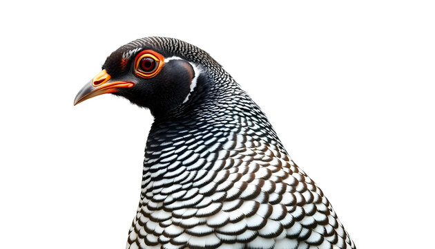 A tidy side profile of a zebra finch, highlighting its barred grey and white breast pattern, distinctive black eye-stripe, and a conical orange beak, isolated on a white background.