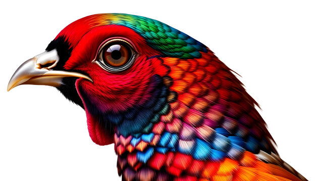 An artistic, hyper-detailed headshot of a ring-necked pheasant showing an explosion of saturated red, teal, emerald, and bronze plumage around its eye, isolated on a white background.