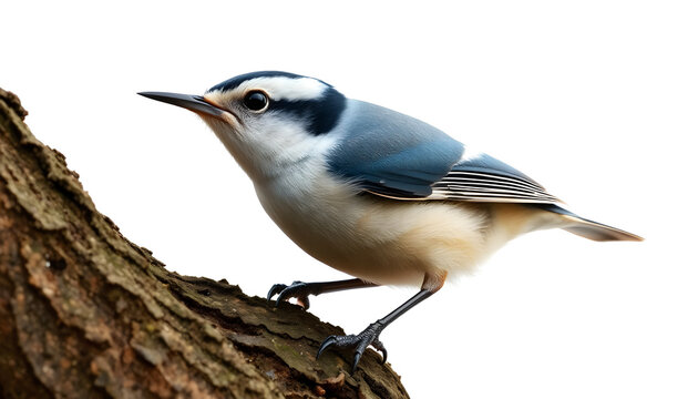 A close-up shot of a white-breasted nuthatch clinging to a piece of tree bark, showing its slate-blue back, white chest, and sharp pointed beak, isolated on a white background.
