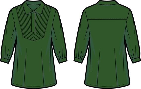 Fashion technical sketch of women green tunic dress template showing front and back views with pleated bib detail and long sleeves