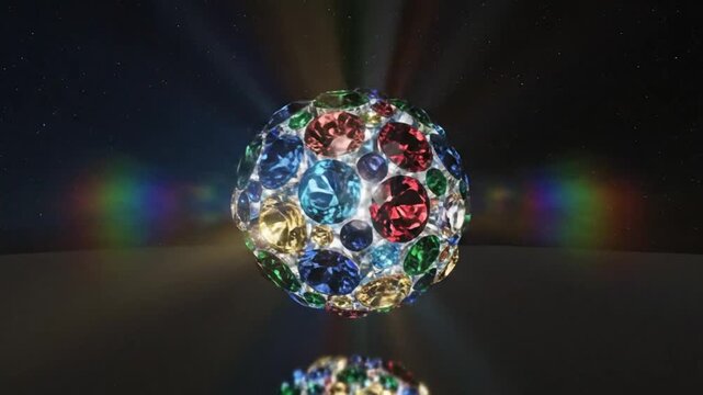 Luxurious jewel sphere floating against a starry backdrop emitting brilliant light and vivid rainbow reflections