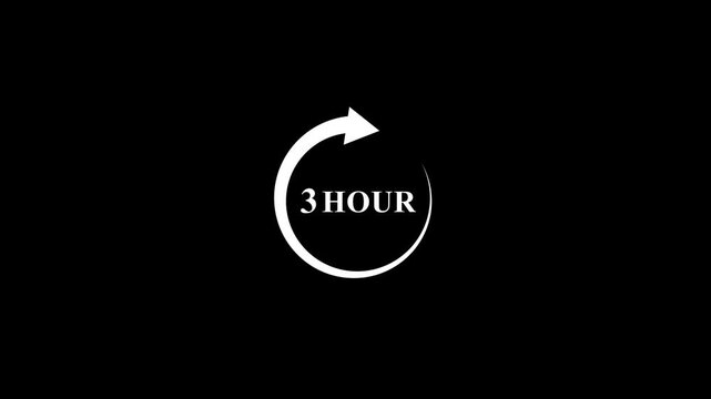 White circular arrow with text 3HOUR on black background 3 hour time