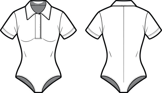 Fashion technical sketch of women short sleeve polo bodysuit template showing front and back views with collar and placket detail