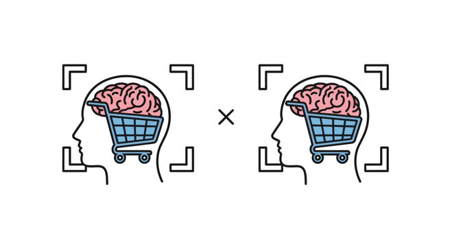 Brain with shopping cart inside head, representing consumerism and consumer psychology