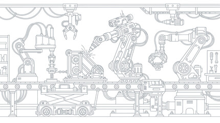 Obraz premium Industrial Robotic Assembly Line Outline Vector Illustration