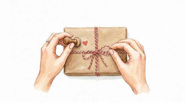 Watercolor Hands Wrapping Kraft Gift Box with Twine