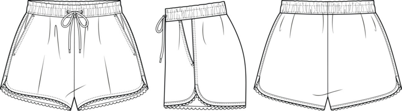 Technical fashion flat sketch of women's elastic waist shorts with drawstring and scalloped hem details for professional clothing design and production