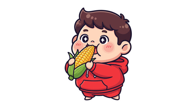 Cute cartoon boy happily eating fresh corn cob.